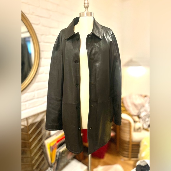 Vintage men's Large Eddie Bauer soft black leather long car coat